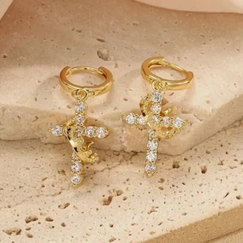 14K Gold Mens 2ct Diamond Christian Cross Earrings Guys New 14 K Silver Jewelry